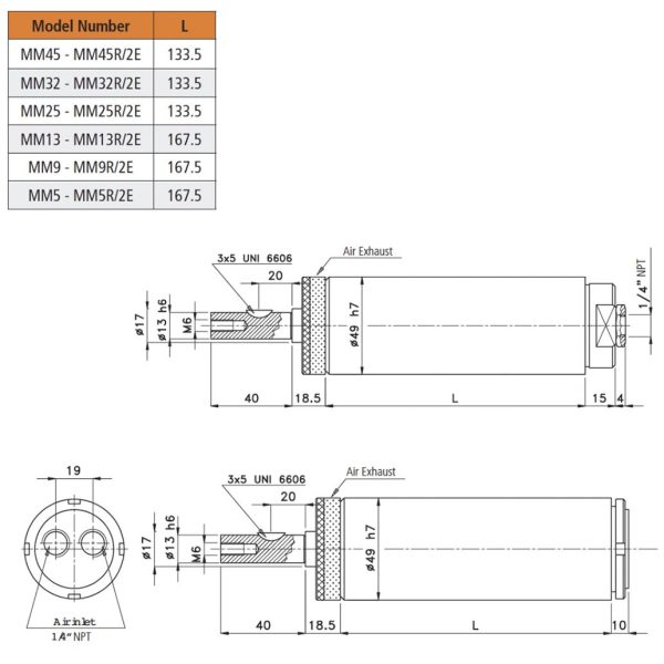 MM SMOOTH OUTPUT SHAFT AIR MOTOR DIMENSIONAL DRAWING
