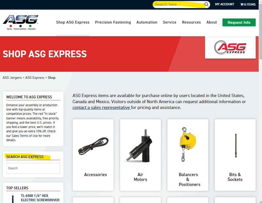 image illustrating that site wide search is above the top nav and ASG Express specific search is in the left nav