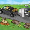 caricature of two sales guys and a trailer filled with product demos hitting the open road