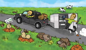 caricature of two sales guys and a trailer filled with product demos hitting the open road